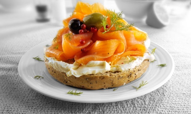 Bagels with smoked salmon and vegetable cream cheese.